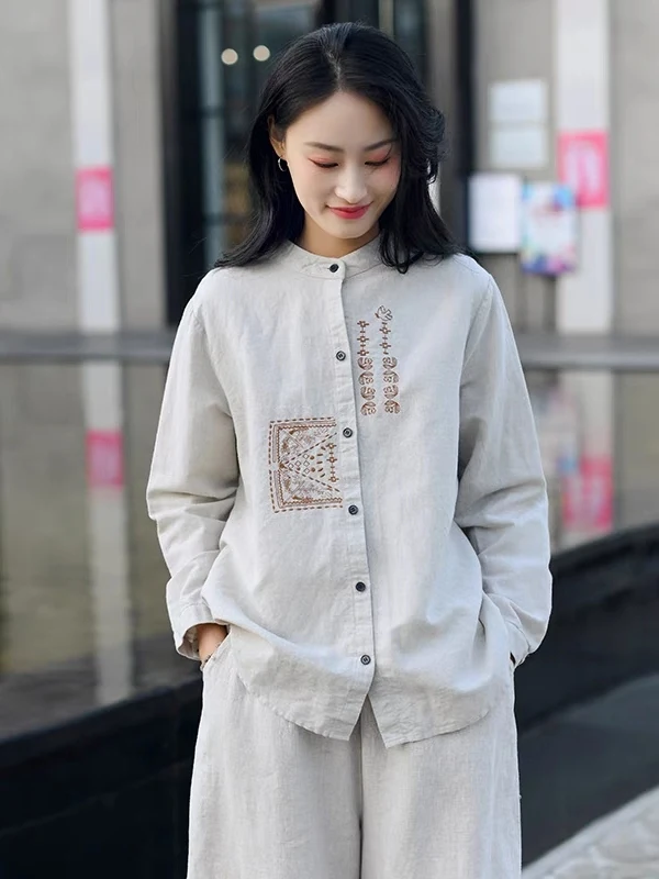 Suelto artístico Retro bordado largo Sve Stand Collar mujer irt Spring Faion Commute Sle versión coreana algodón Lino