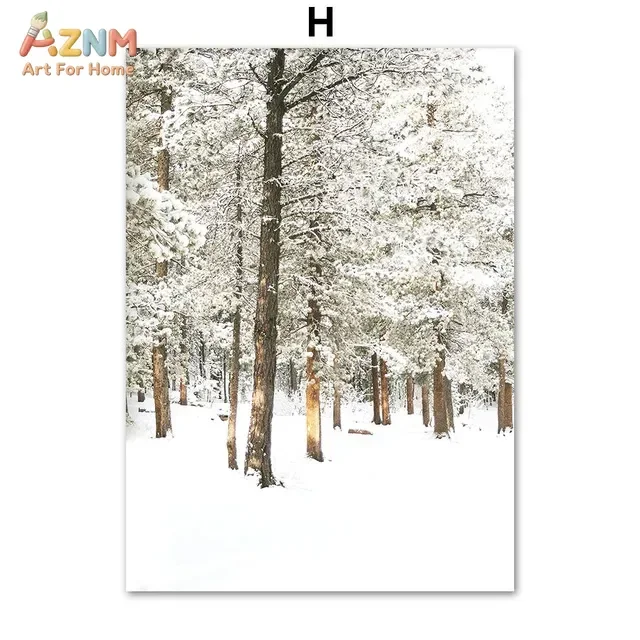 AZNM Nordic Winter Snow Scene Canvas Wall Art White Reindeer Highland Cow Snowy Forest Train Landscape Farmhouse Bedroom Unframe