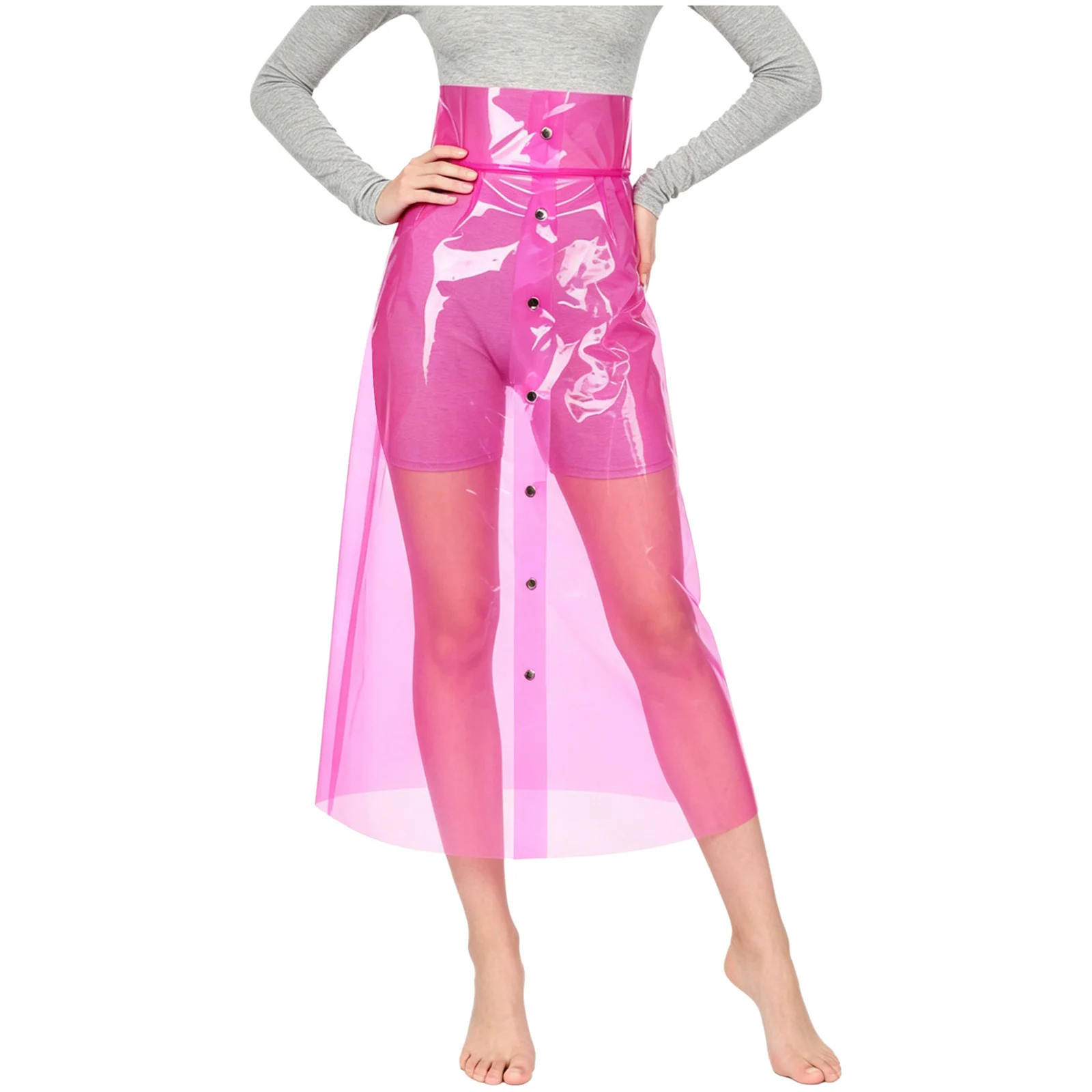 Women Sexy Transparent Pvc Pencil Skirt High Waist Buttons Bodycon Midi Skirts Cover-up Rave Party Nightclub Clubwear Streetwear