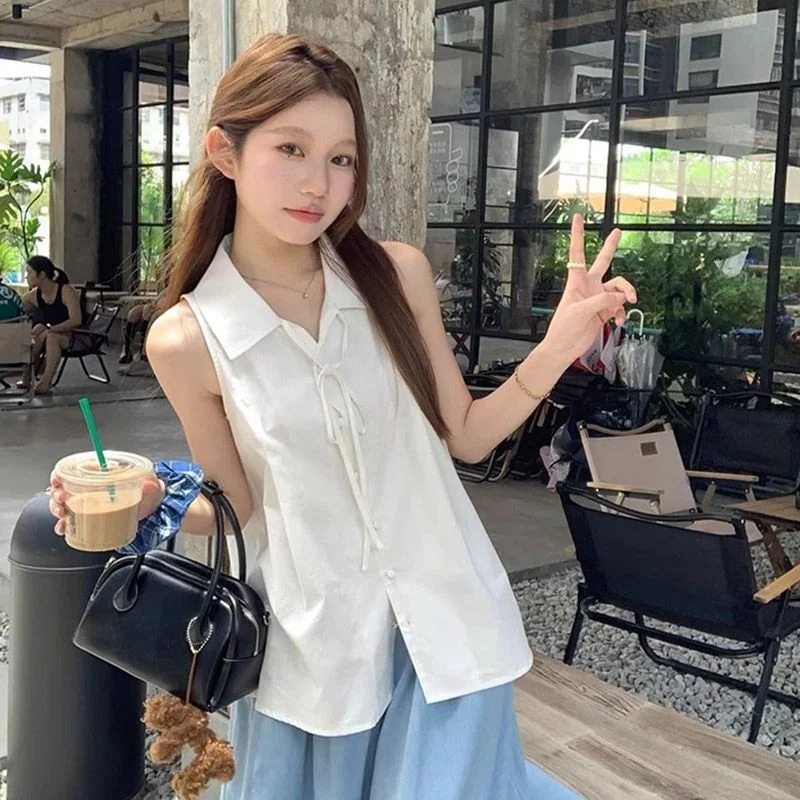 

New White Sleeveless Vest Shirt Women's High-End Sensation Summer Loose Season Design Fashion Shirt Casual Style Polyes...