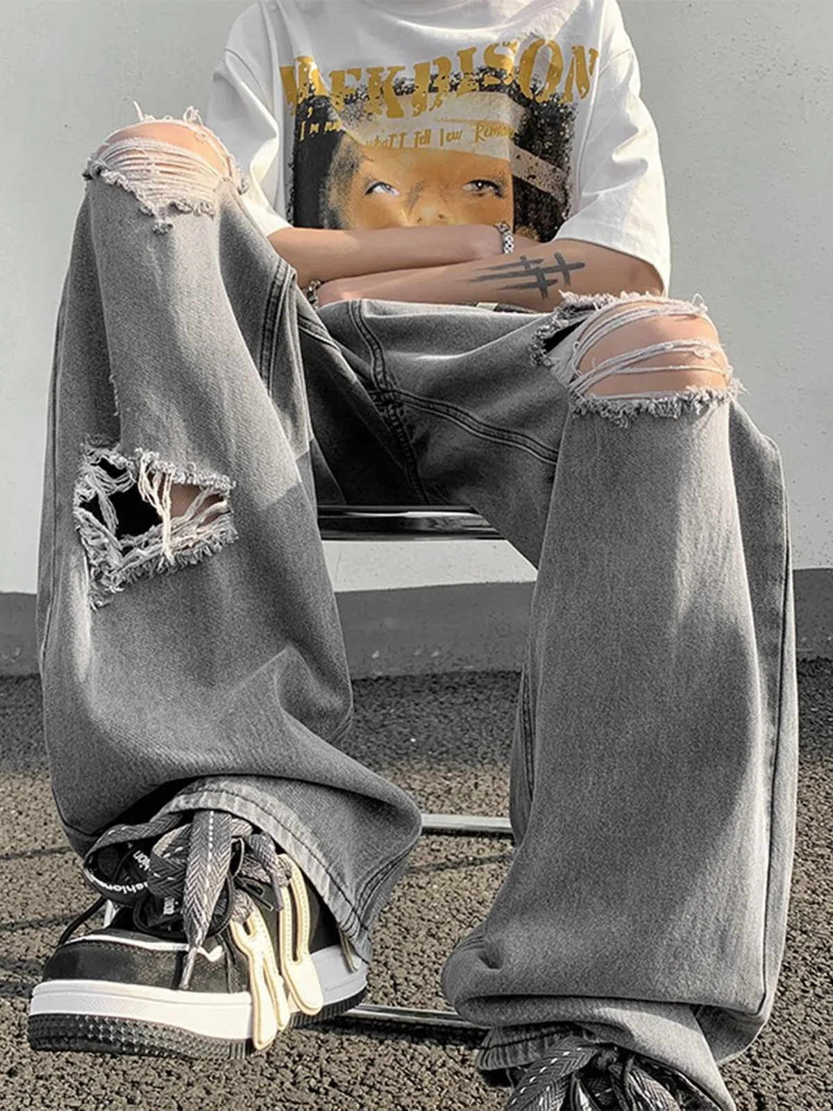 

American Street Hip Hop Ripped Jeans Men Summer Trendy Loose Waed Outdated Bla ey Wide Leg Long Pants Casual Jeans