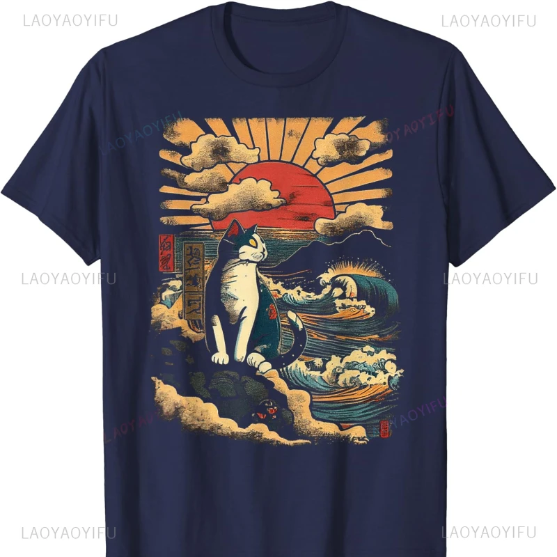 Catzilla Vintage Funny Cute Cat Art Japanese Sunset Graphic Cotton T-Shirt Harajuku Vintage Shirts for Women Gothic Y2k Tops