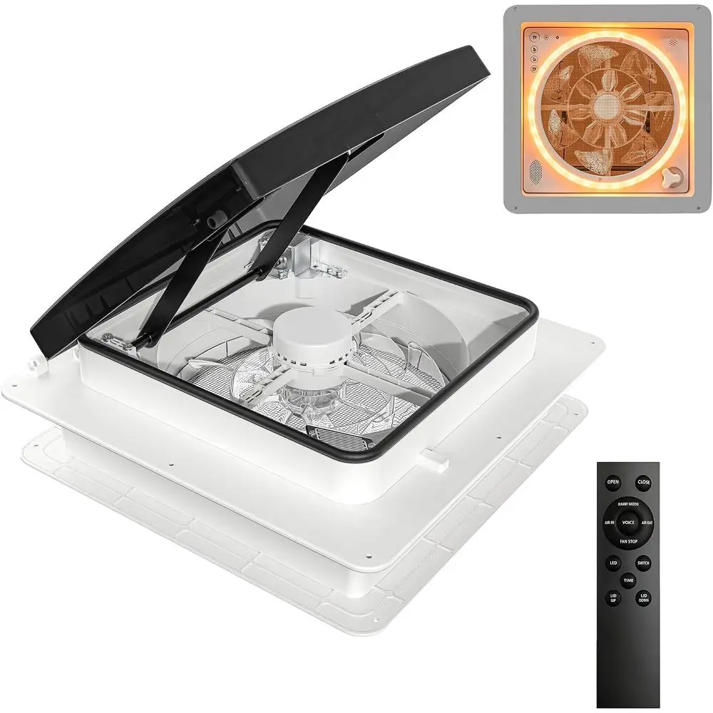 RV Roof Vent Fan 14x14 with 4 Color LED Ambiance Light, Reversible Airflow, Ultra-Quiet 12V (24V Max) Vent Fan with Remote & Rai