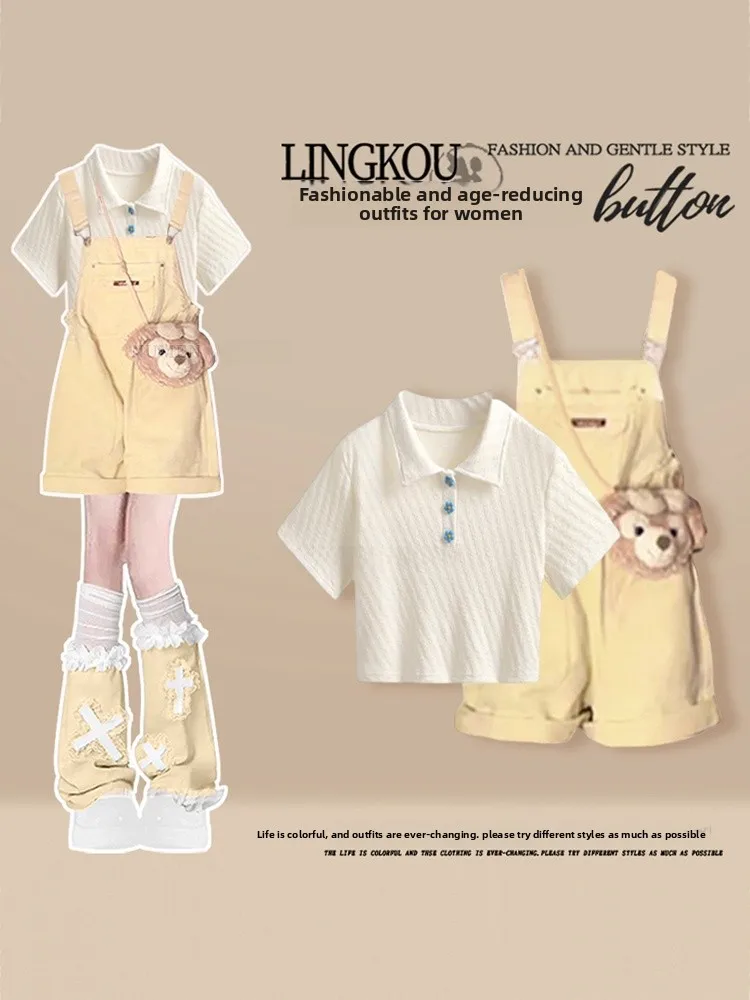 Youthful plus Size Summer Outfit Women's College Sle ort Sve T-irt with Dopne Slimming Denim Overalls Two Piece Set