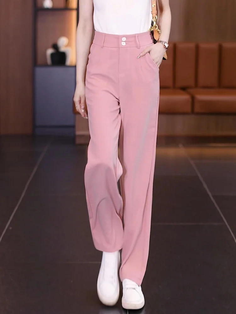 Pink Ice Silk Wide Leg Pants Women's Summer Thin High Waist Casual Pants Drape Straight Leg Suit Pants Comfortable Breathable