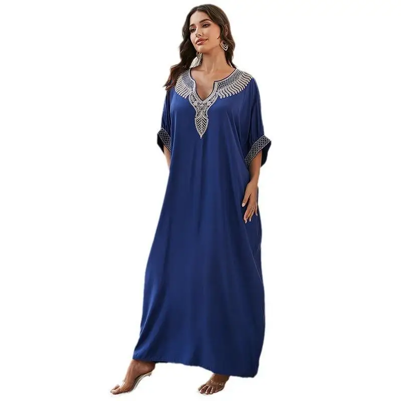قفطان كحلي رداء مطرز للنساء ، ملابس سباحة تغطية ، ملابس شاطئ بوهيمية ، فستان شاطئ فضفاض
