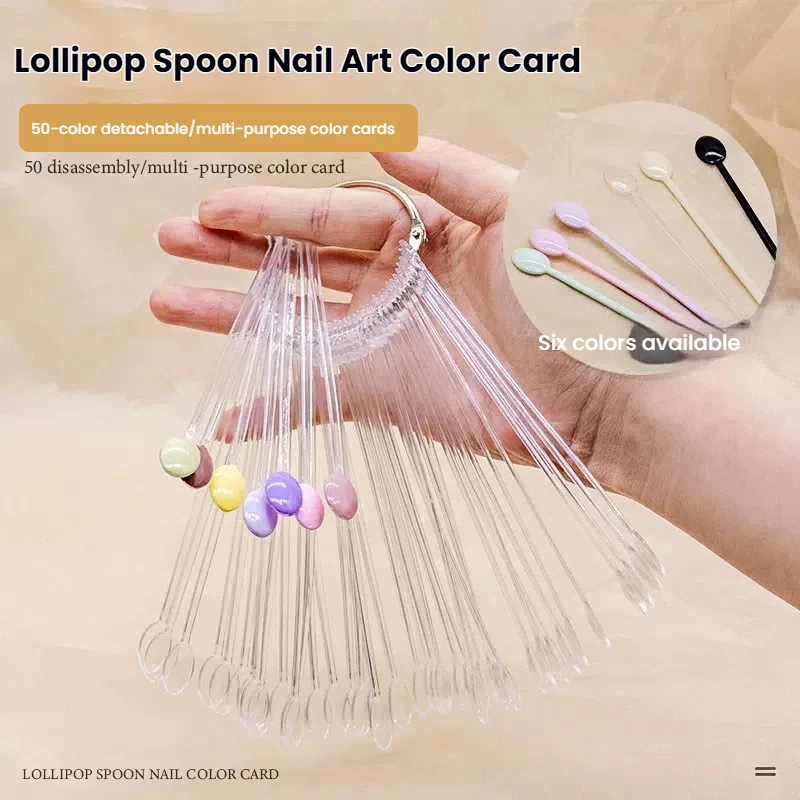 50Pcs Black White Pink Green Clear and Purple  Lollipop Spoon Nail Fan Color Cards with Iron Ring for Polish Display Salon Art