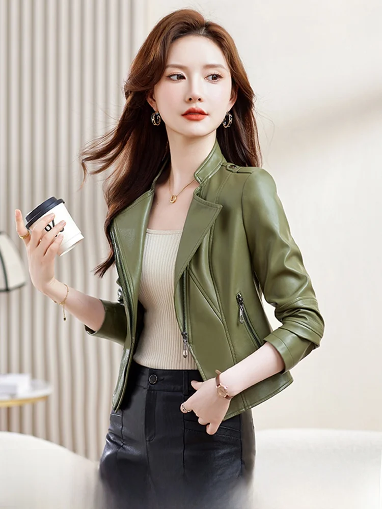 

Real Leather Jaet Women's ort Sle 2025 Spring New Arrival Premium eepskin Coat Large Size Top for Small Figures