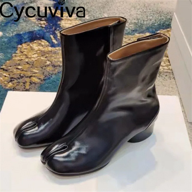 

Classic Black Genuine Leather Ankle Boots For Women Split Toe Runway T Show Chunky Heel Women Autumn Ninja Shoes Chelsea Boots