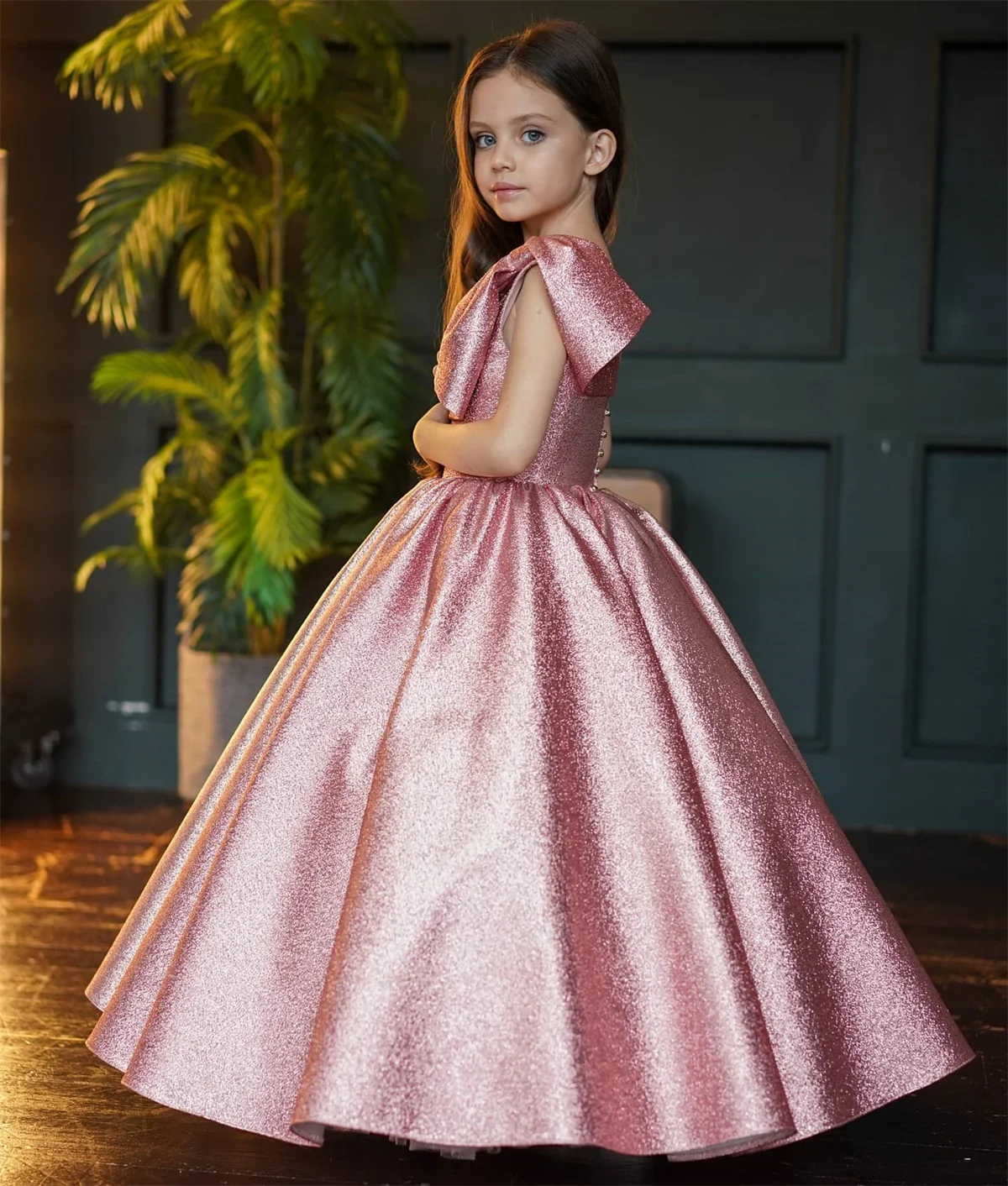 Vestido de cetim bowtie flor menina, Shinging casamento inchado, vestido de baile de comunhão pouco primeiro infantil elegante, vestidos de baile