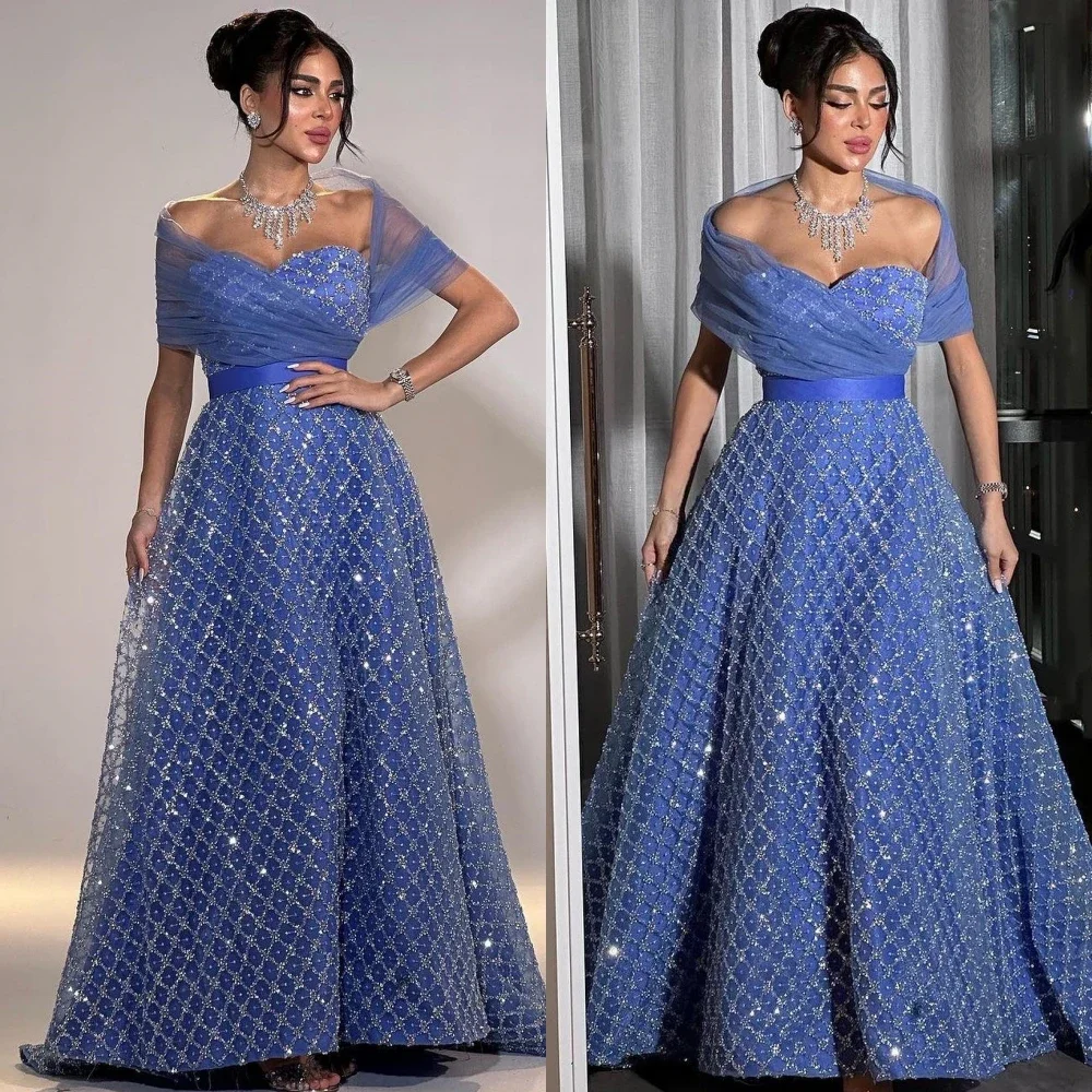 Vestidos de Noche felices Sharon brillantes azul real con bordado de cuentas cuadradas, vestido elegante de fiesta de boda para mujer, vestido de graduación personalizado para mujer