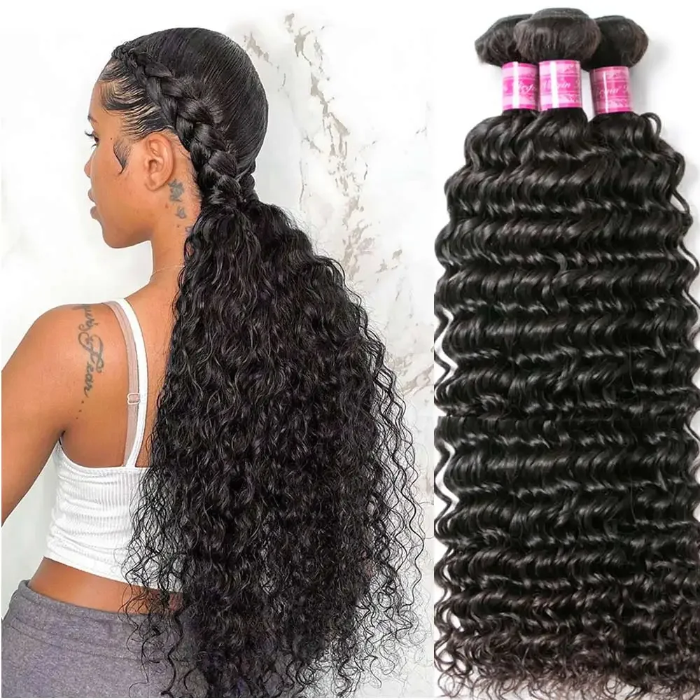 Bundles brésiliens de vague d'eau, 100% cheveux humains vierges non transformés, extensions Remy Deep Wave, faisceaux de cheveux bouclés longs, vente en gros