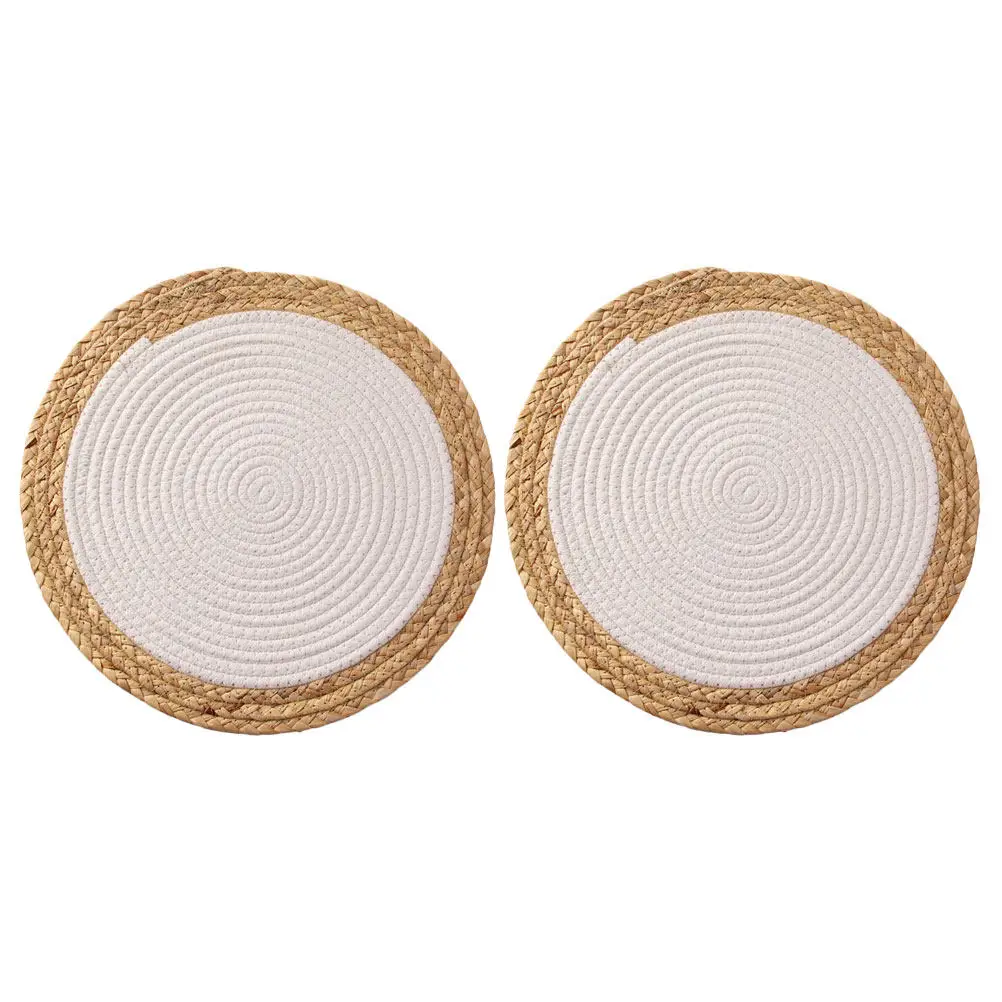 2Pcs Tassel Round Placemat Woven Straw Heat Resistant Table Mat Anti Scald Coaster for Drinks Bowl Cup Desktop Decorative Place