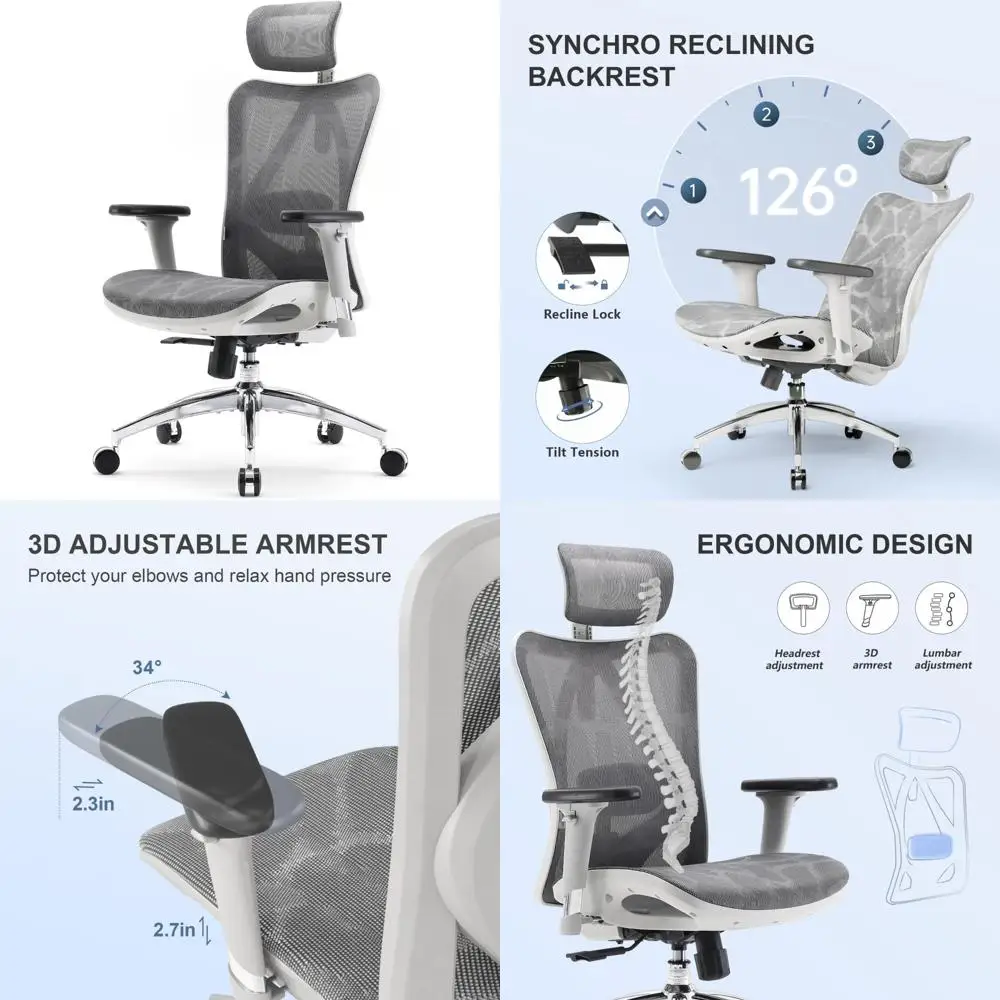 

Эргономичное офисное кресло с высокой спинкой, регулируемыми подлокотниками, поясничной опорой и функцией наклона светло-серого цвета
