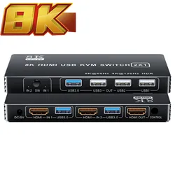 HDMI 2.1 KVM Switch 4K 120Hz Dual Port USB 3.0 HDMI 2.1 Switch KVM with wire control for Windows Macs PC Laptop