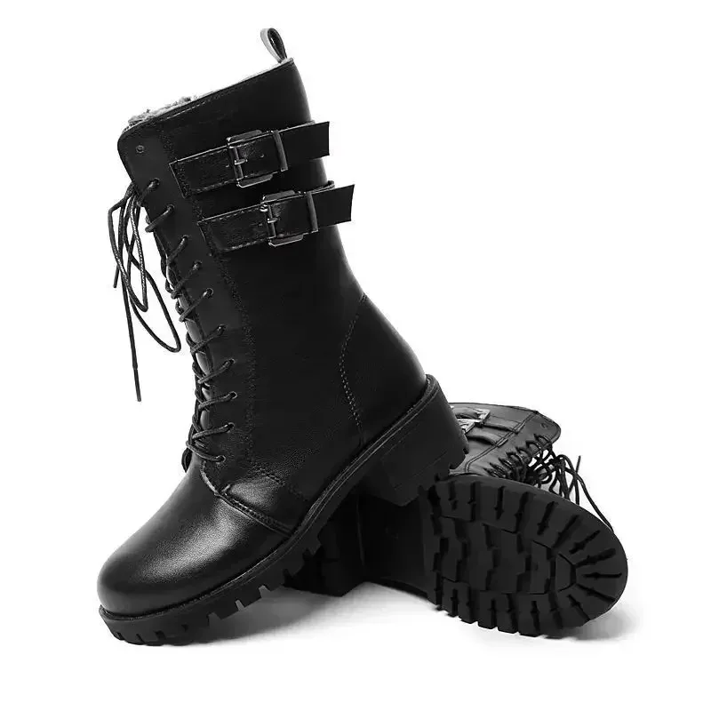 Women‘s Boots Classic Black Mid-calf Leather Boot Fashion Belt Buckle Design Boots Plush Warm Winter Boots for Women Knight Boot