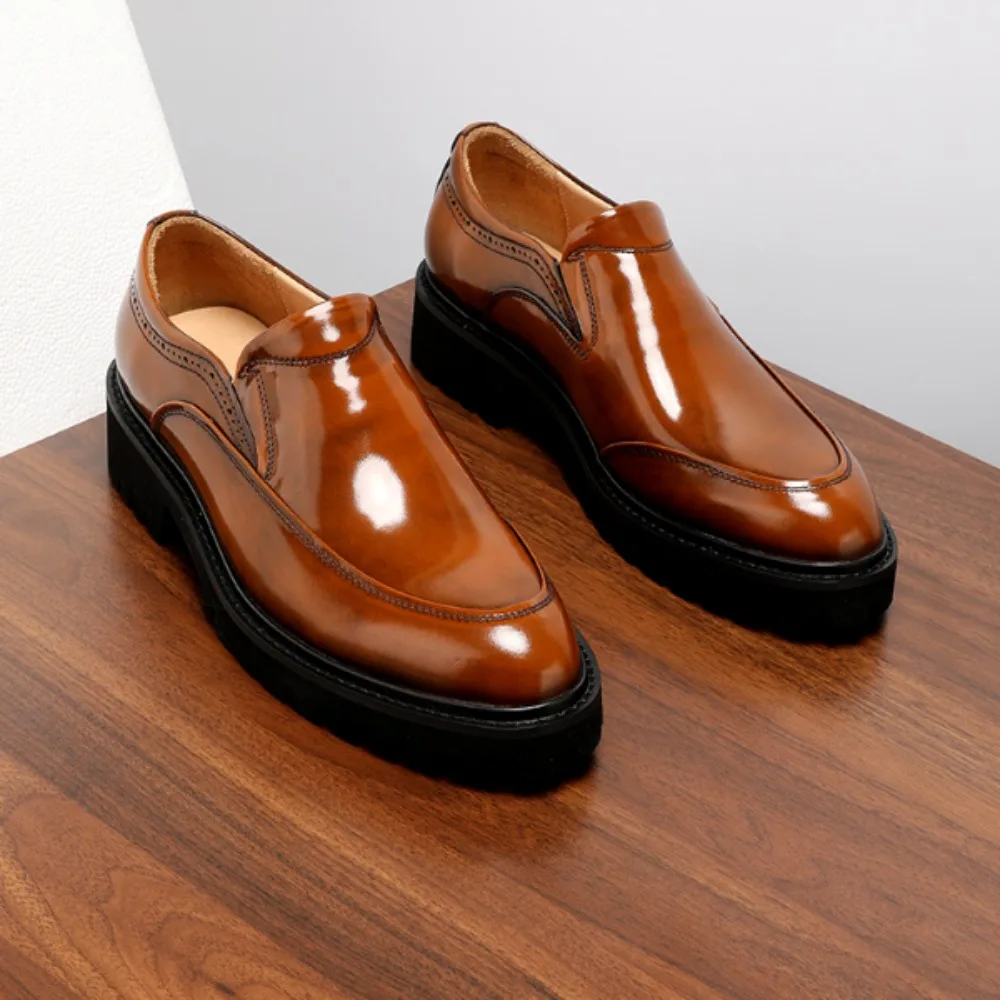 

Genuine Cowhide Leather Loafers for Men Glossy Slip on Thick Sole Elevator Formal Casual Dress Shoes for Summer