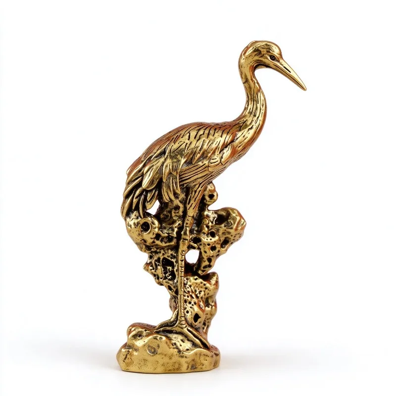 Antique Brass Red-crowned Crane Figurine Retro Bird Statue Desktop Ornament Home Table Decor Vintage Craft Collectible Gift