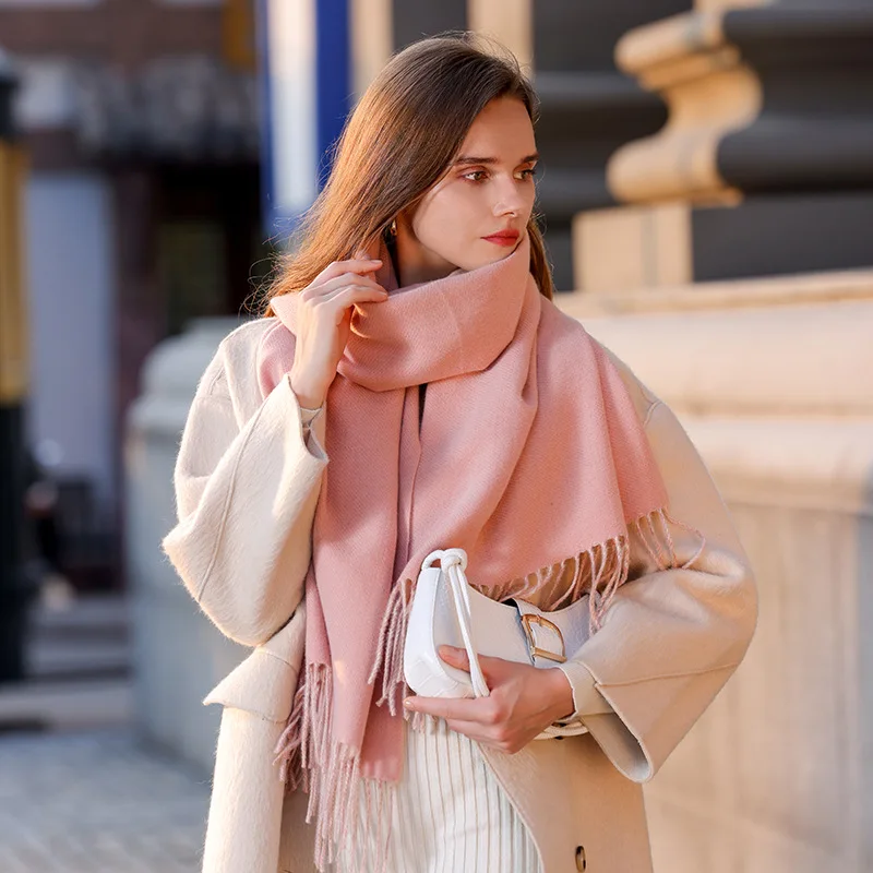 Lenço monocromático dupla face feminino, macaron, imitação de caxemira, franja quente, moda inverno, novo, 2022, 2024