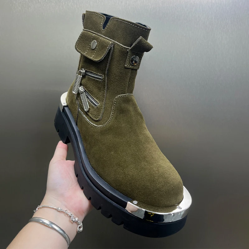 Advanced Fashion New Casual High Top Boots Side Zippe Metal Height Increase Anti Slip Personalized Frosted Youth MotorcycleBoots