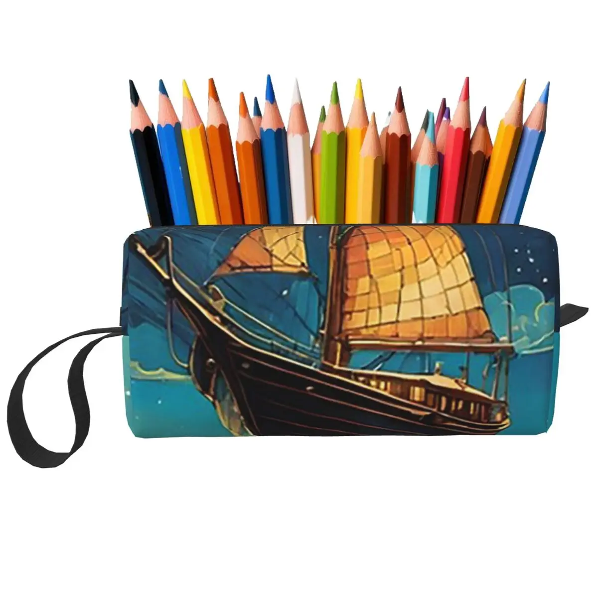 Federmäppchen mit Sternennacht-Segelboot am Meer für Kinder, Schule, Stiftbox, Stifttasche, Schreibwaren, Reise, Damen-Kosmetiktasche