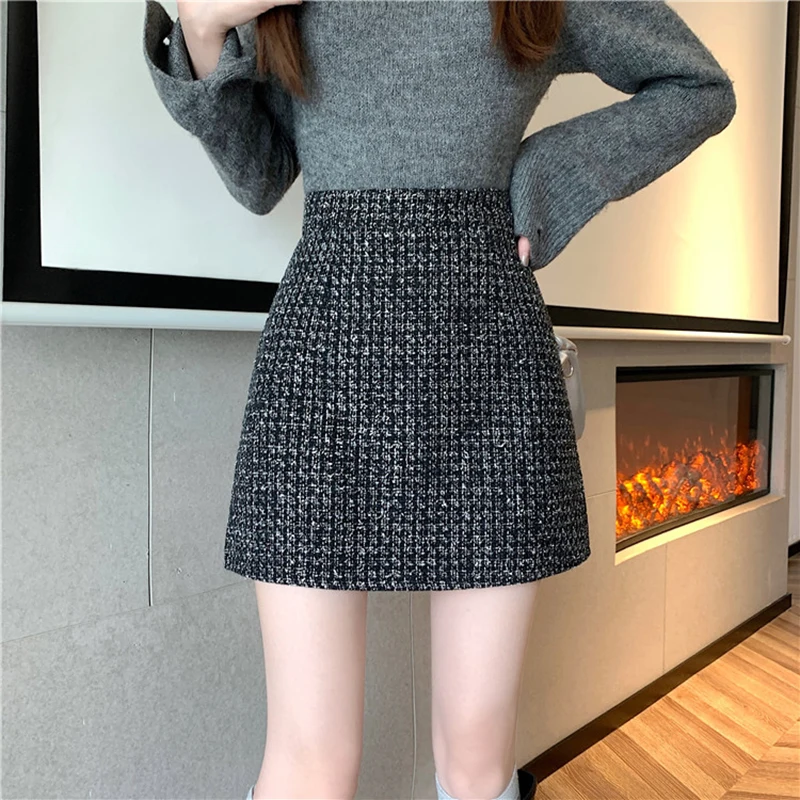 Autumn Wool Women Mini Skirts Korean Sweet Bright Silk Female A Line Skirts Fashion High Waist Patchwork Ladies Hip Wrap Skirts