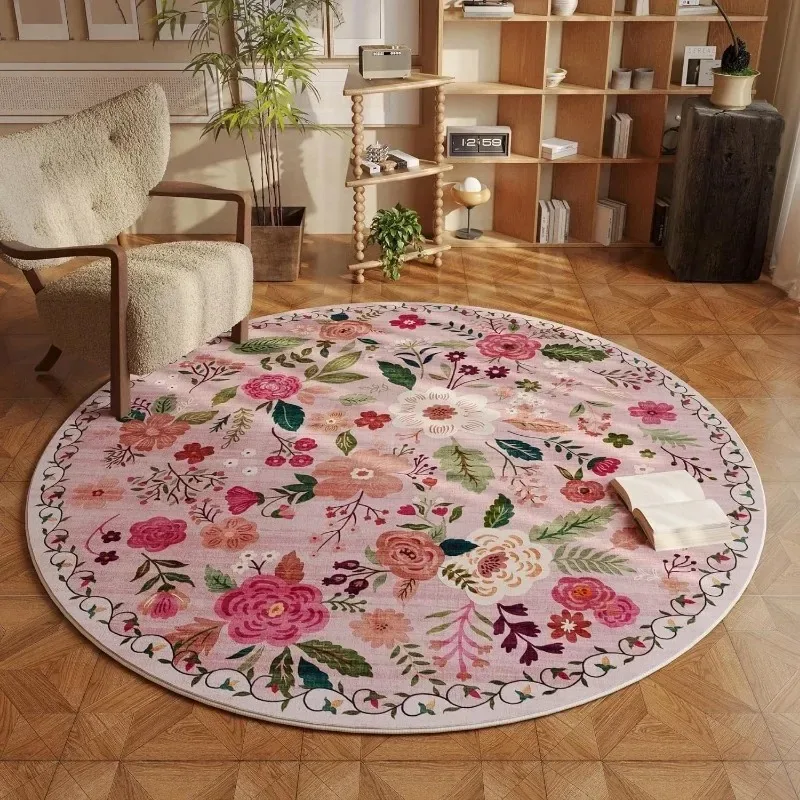 Bohemian Floral Round Door Mat for Living Room – Colorful Flower Design Adding Artistic Charm to Your Home