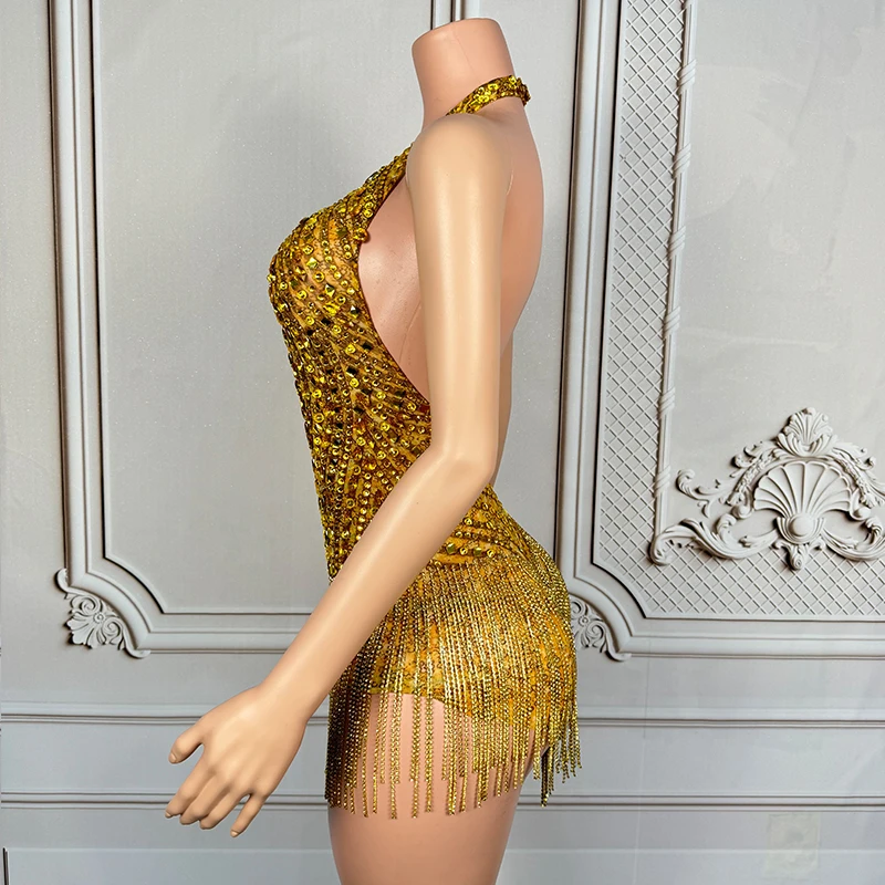Golden Rhinestone Sexy Bodysuit Women Gogo Show Dancer Clothes Nightclub Bar Stage Wear Backless Halter Jumsuit Rave Outfit  yk