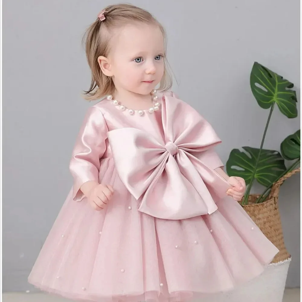 Lovely Pink Satin Pearls Tulle Long Sleeve With Bow Flower Girl Dress For Wedding Kids Birthday Party First Communion Ball Gowns