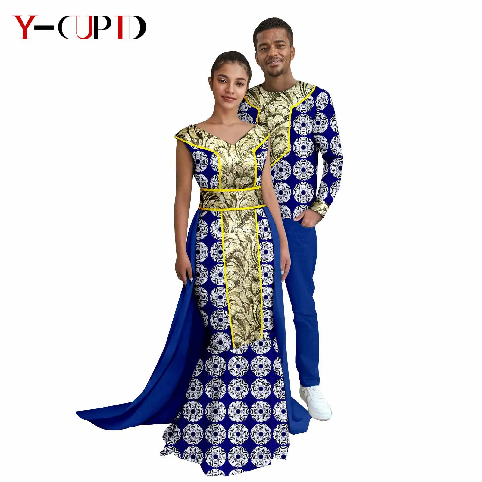 African Print Long Mermaid Tail Dresses for Women Matching Couple Clothes Dashiki Men Suits Top and Pant Sets Party Wear 25C006