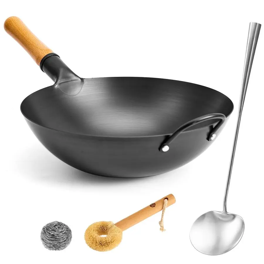 

Углеродистая сталь 14.2: Вок с круглым дном для газовых плит, не требующий отдельного кольца-подставки для плоских решеток, сверхпрочный, из азотированного железа, для жарки во фритюре