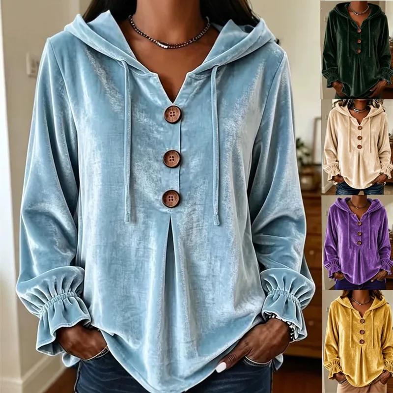 Hoodies women 2026 casual Autumn/Winter button drawstring hooded sweatshirt lotus leaf sleeve top XXXXXL women's clothing