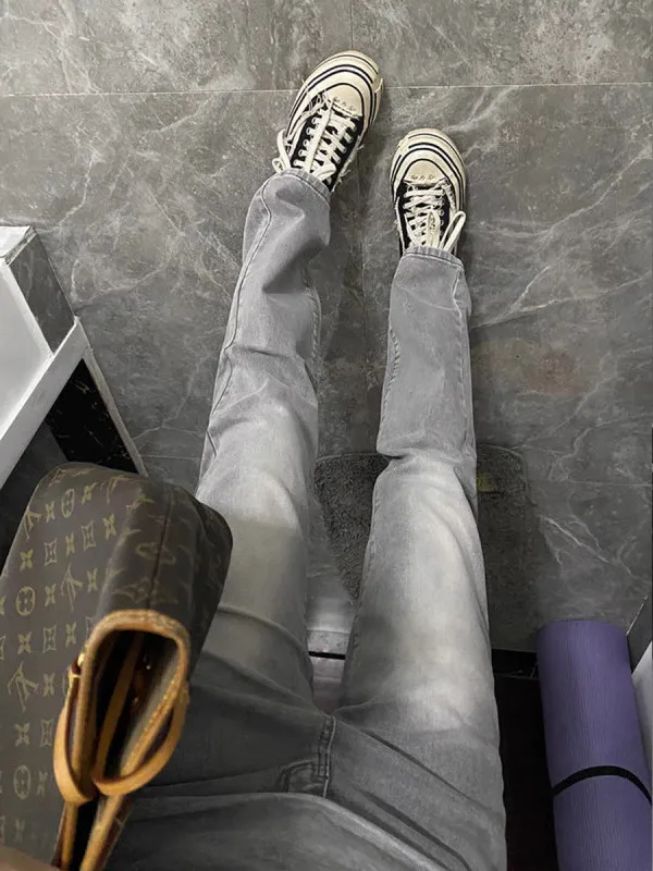 American High Street Vibe Men's Jeans Cement Grey Micro Flared Straight Leg Cleanfit Slim Fit Casual Jeans Fashionable Youthwear