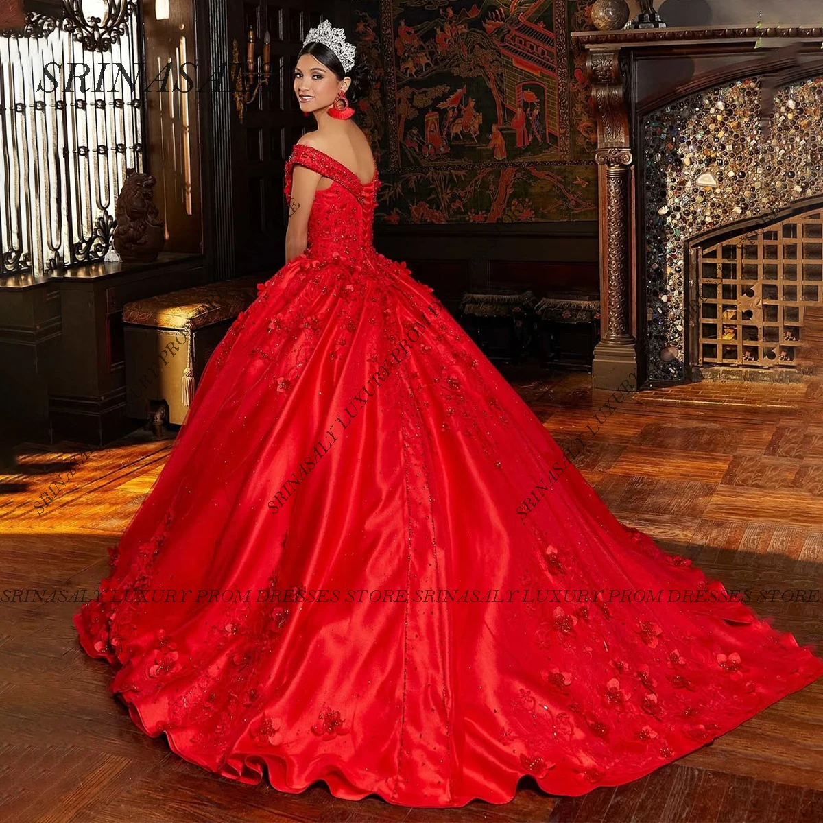 ชุดเดรสเจ้าหญิงงาน Quinceañera แบบสั่งตัด ทรงบอลกาวน์ ประดับดอกไม้ทำมือที่ไหล่ แต่งลูกปัดแบบเม็กซิกัน คอร์เซ็ทหวานๆ สำหรับงานฉลอง Sweet 16 ชุดเดรสสำหรับงานฉลองครบรอบ 15 ปี