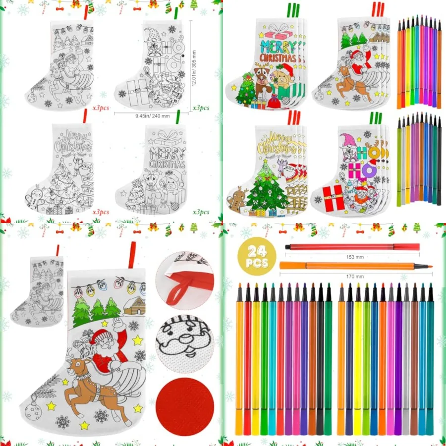12 Pcs Christmas Stocking Kit DIY Christmas Stocking Crafts with Paint Pens Color Your Own Xmas Tree Santa Elk Stockings HO HO