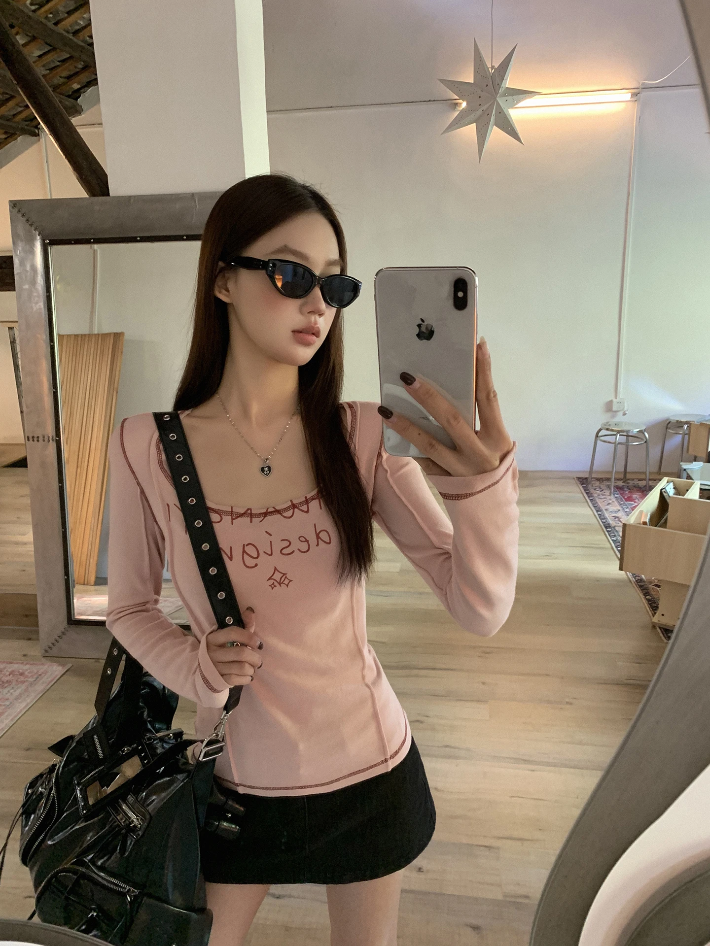 Slim Fit Long Sve T-Shirt Damen Inner Wear Base Irt Pink Taillen-Cinching Wunderschön gestaltetes U-Ne-Top aus Baumwollmischung