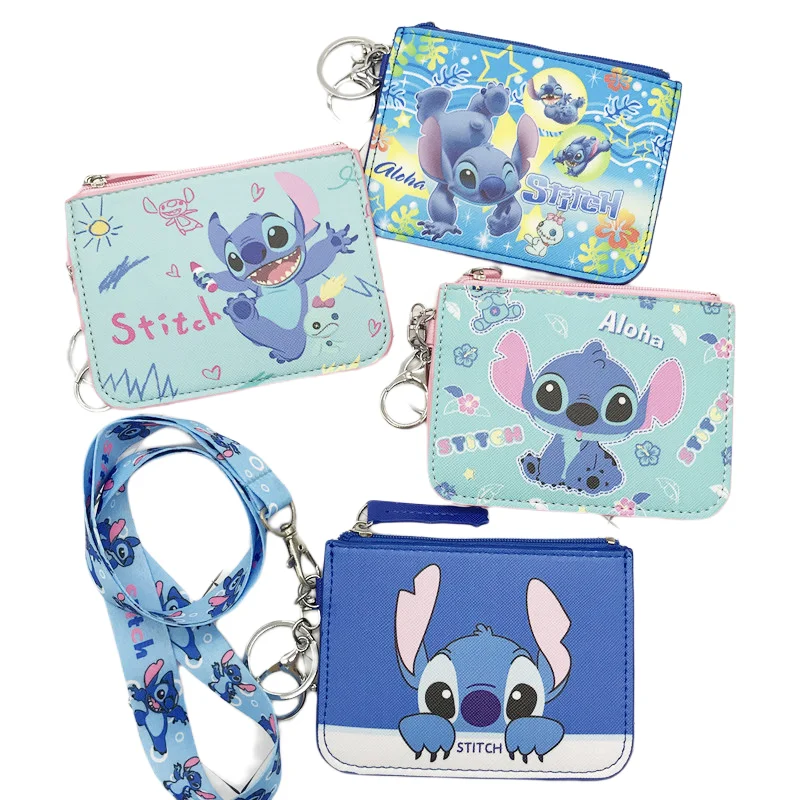 Disney Cartoon Coin Purse Cute Stitch Hanging Neck Long Rope Card Coin Storage Bag Mini PU Anti-lost Child Wallet Child Gift