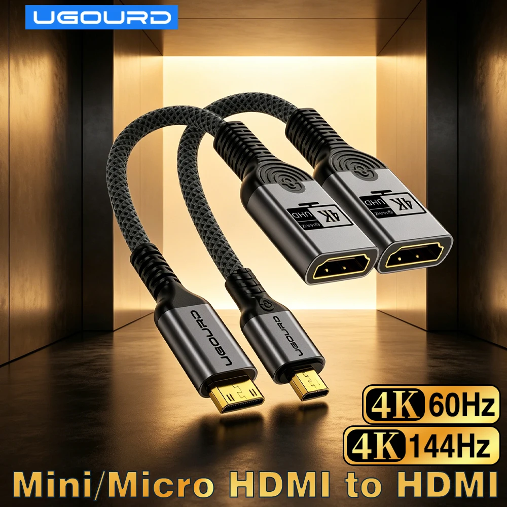 Adaptador de Cabo de Alta Velocidade 4K@144Hz UHD Mini HDMI / Micro HDMI para HDMI Fêmea, Conversor 4K 60Hz para Câmera DSLR, Monitor e Projetor