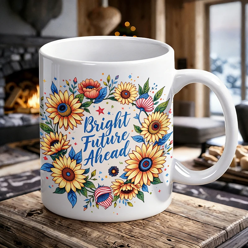 Independence Day Mug Coffee Cup Ceramic Cup Sunflower Bright Future Ahead USA Patriotic Floral Wrap