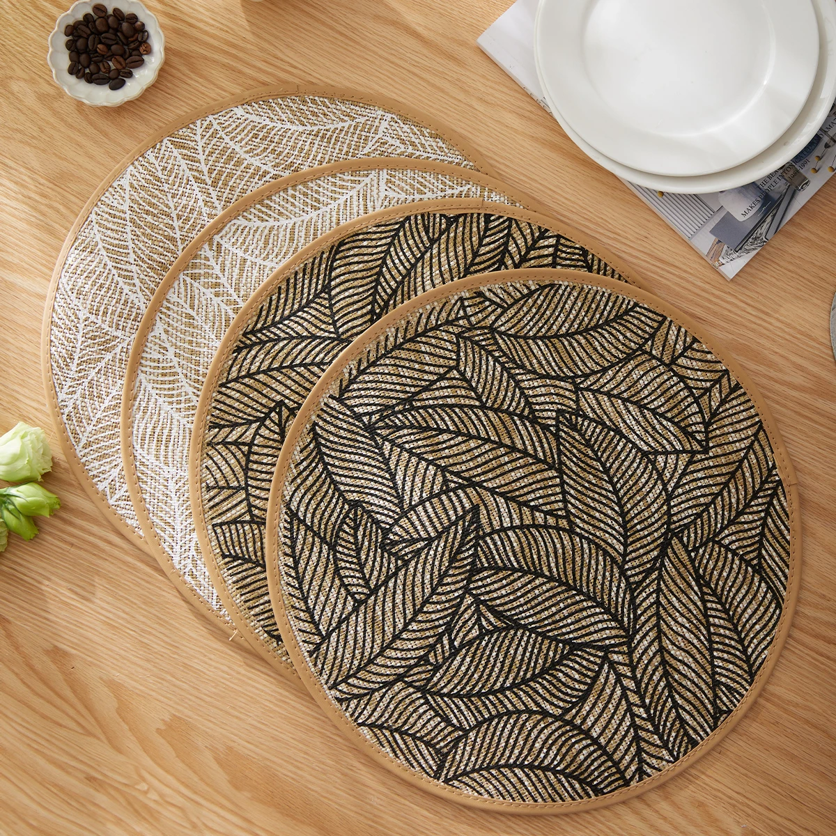 2/4/6/8pcs Bohemian Jute Printed Placemats with Faux Leather Edges, Heat Insulation Mats, Decorative Mats