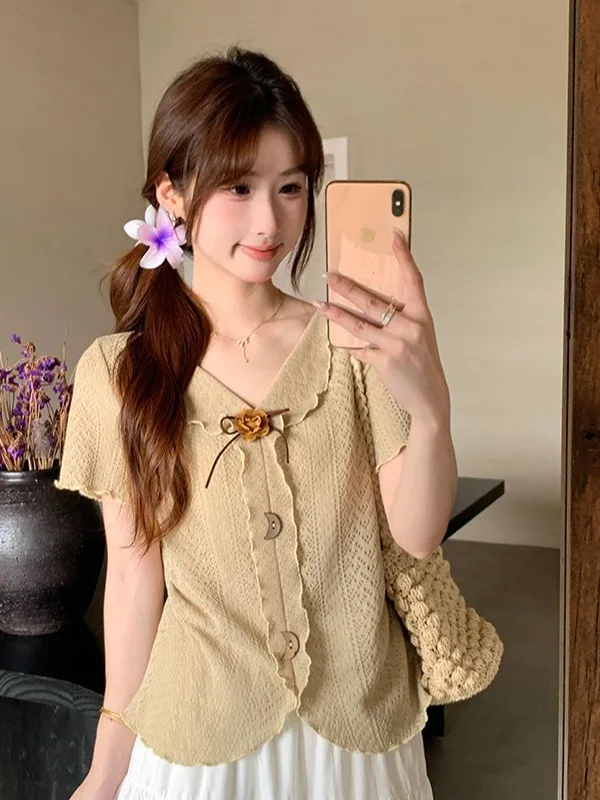 

Slimming Large Size Women's Top V-Neck Short Sleeve Loose Fit Summer New Style Floral Embellished Casual Comfortable T-Shirt