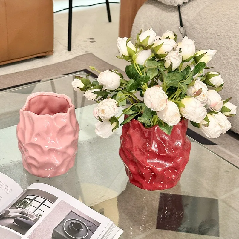 New Modern Nordic Ceramic Vase Decoration Home High-End Luxury Pleated Room Decor High-Aesthetic