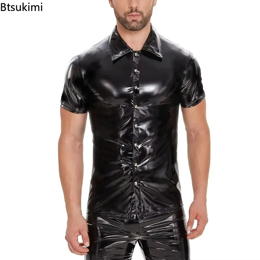 2025 Men's Sexy Black Faux Leather Shirt Wet Look Stretch Undershirt Latex Novelty Short Sleeve Uniform Clubwear Stage Costume