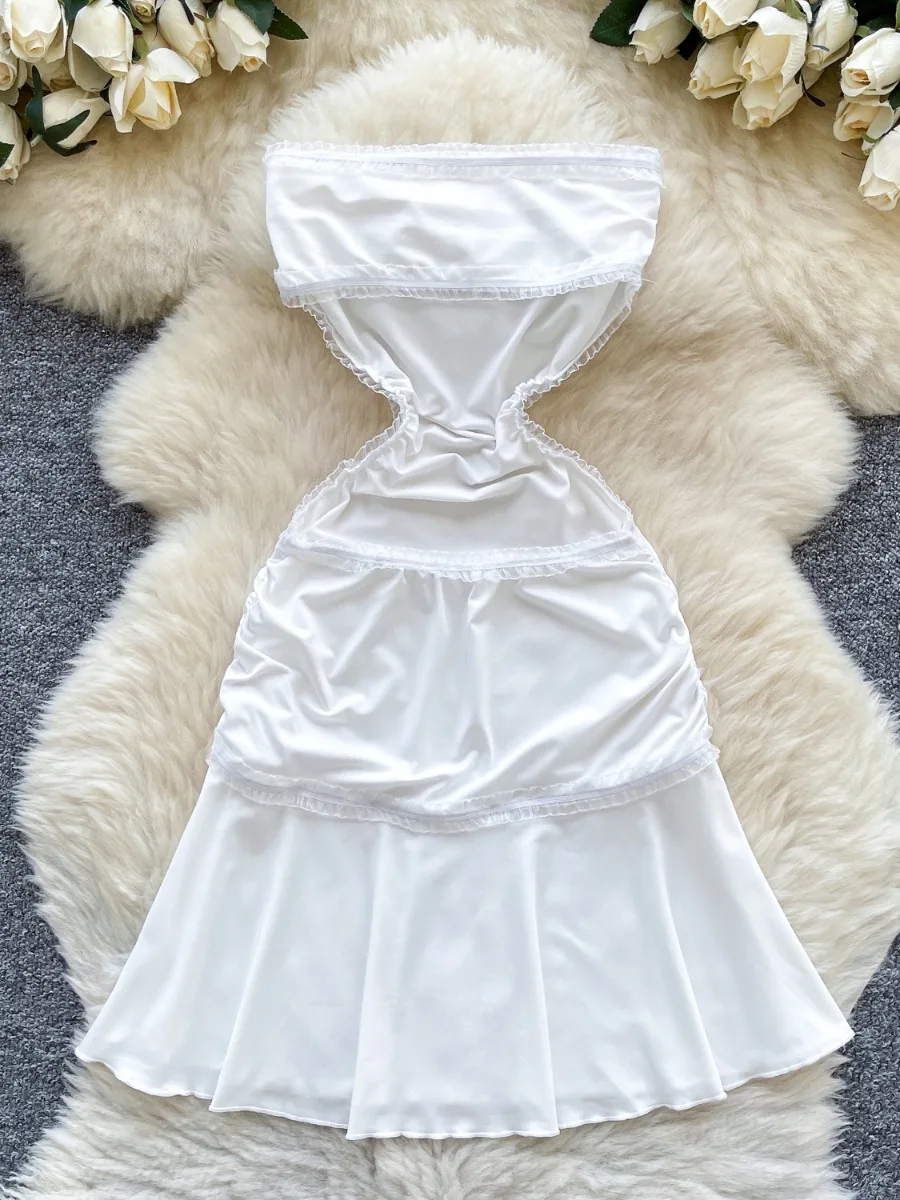 Foamlina verão renda guarnição retalhos único lindo mini vestido luz luxo francês chique branco bandeau saia