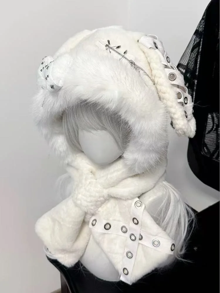 Subculture Punk Y2K Bone Winter Fluffy Ear Protectors Sweet Cute Rabbit Ears Plush Scarf Hat Outdoor Warm Cap For Women 4