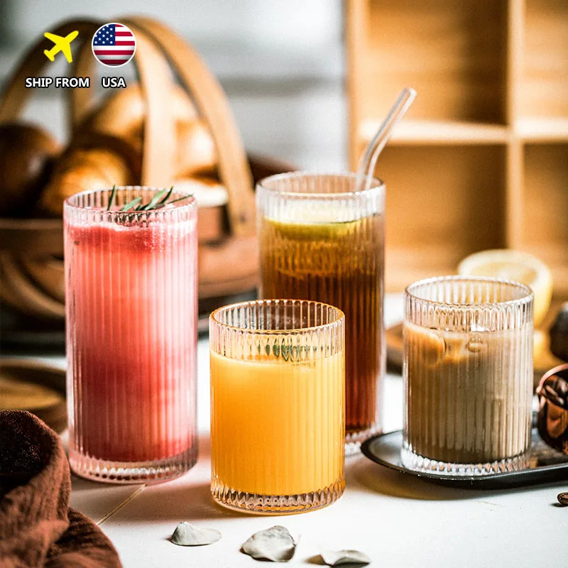 Vertical Striped Glass Cup Japanese Retro Embossed Transparent Fish Pattern Water Juice Drink Cocktail Glass Cups