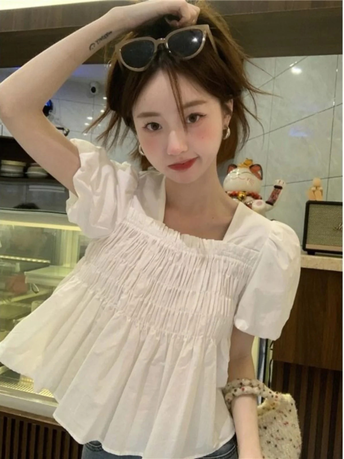 

Sweet Pleated Bubble Sve irt Women's Summer New Waist Cinching Babydoll Top ort Sve Casual Loose Fit Pure Color
