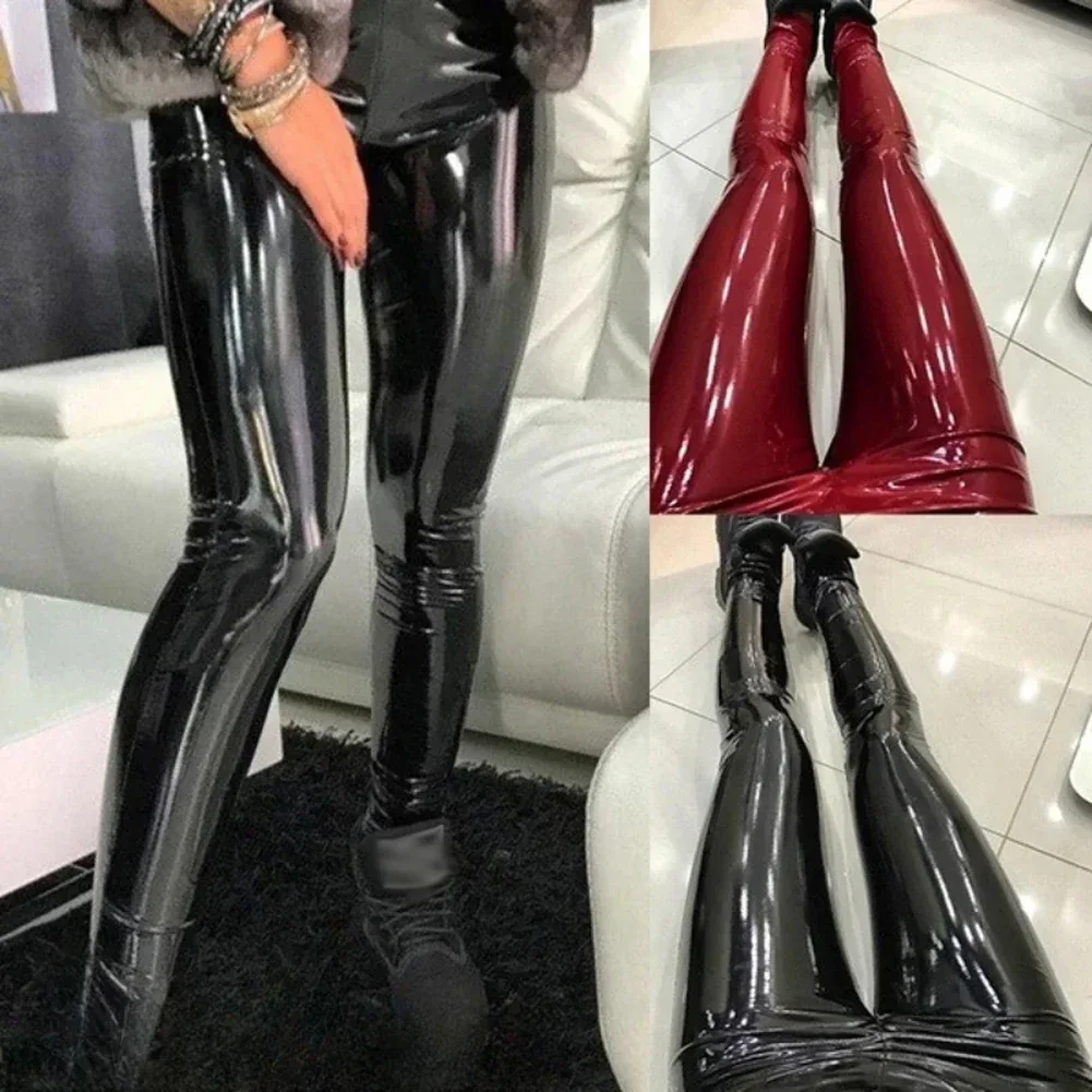 Comfortable Club Daily Stage Women Pants PU Leather Shiny Elastic Slight Strech Slim Pencil Solid Color Wet Look