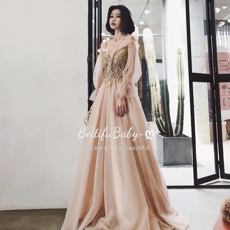 Customized Evening Dress for Women Elegant Off The Shoulder Long Sleeved Palace Style Banquet Ball Gown Prom Dresses Vestidos