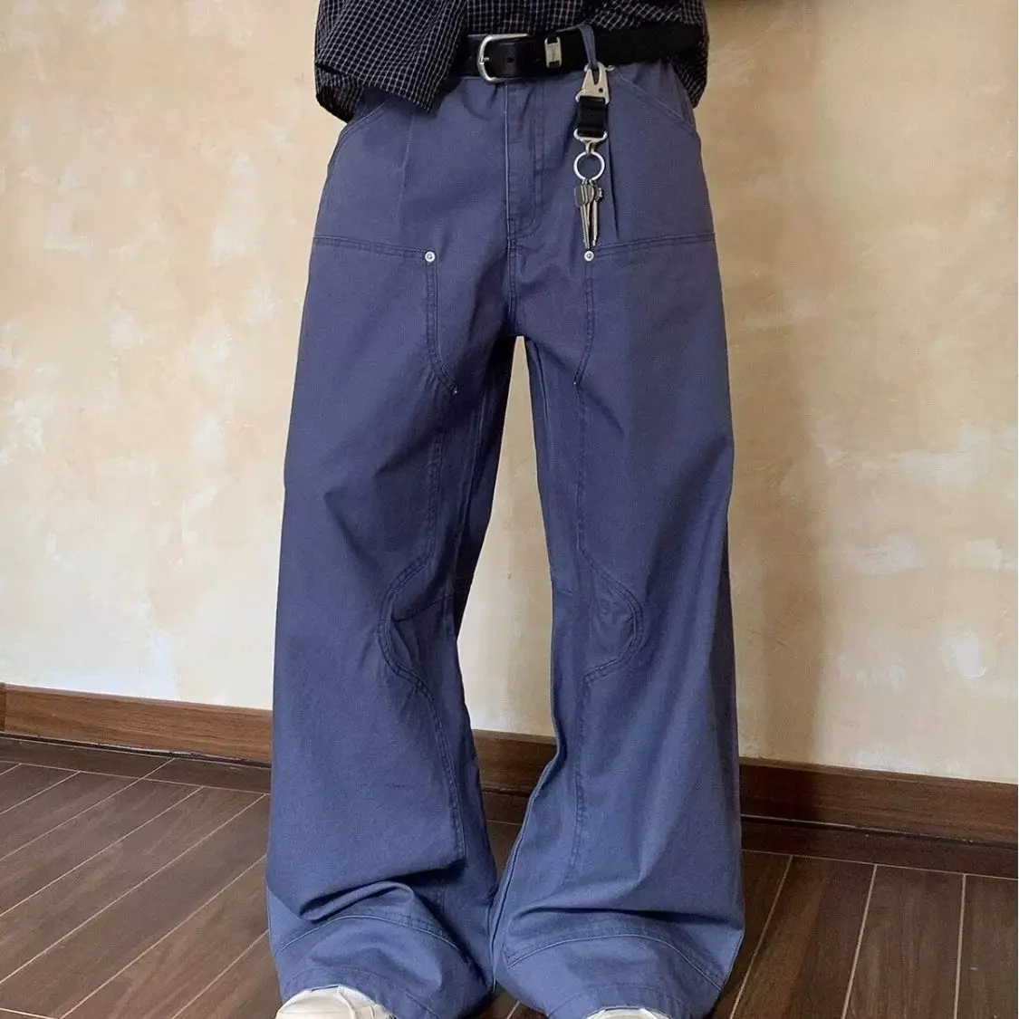Men's Minimalist Style Blue Casual Pants Summer Streetwear Wide-leg Trousers Boy Bottom Male High Waist Commuting Sweatpants